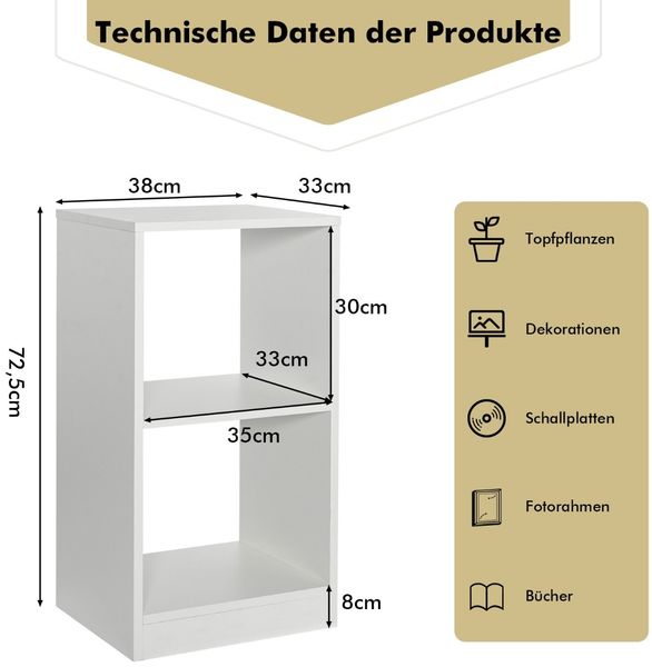2er Set Bücherregal aus Holz mit 2 Ebenen & Kippschutz 38 x 33 x 72,5 cm Weiß