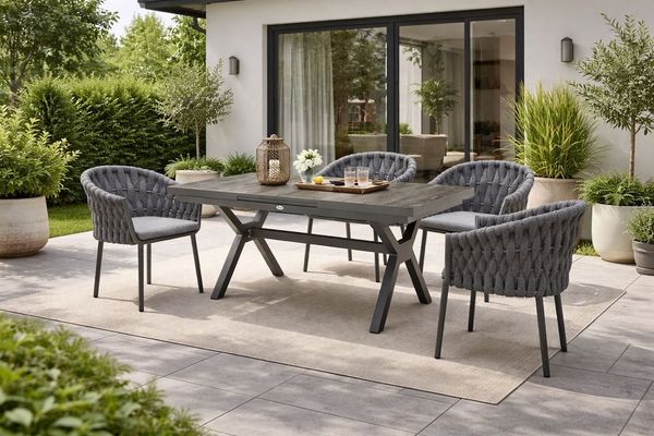 Destiny Garten-Essgruppe MOLINO GARDA 4 Se + Ausziehtisch 160/210x100 cm, anthrazit, (Set, 4 Sessel inkl. Sitzkissen, 1 Tisch mit Synchronauszug), Aluminium, Textilene, Keramikplatten