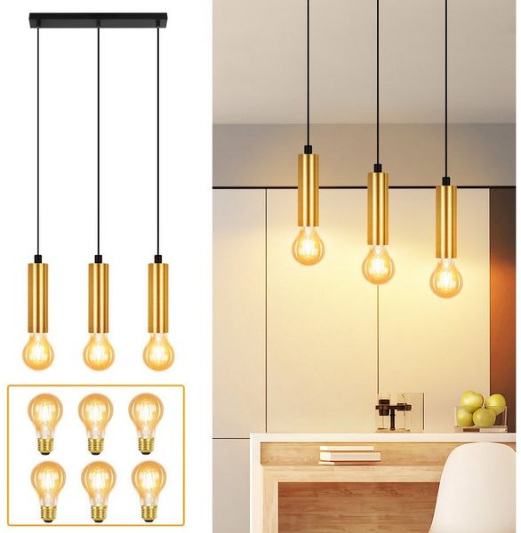 Nettlife Hängeleuchte Schwarz Gold E27 3 Flammig Esstisch Pendelleuchte Industrial Metall, Höhenverstellbar, LED wechselbar-mit Leuchtmittel, Wohnzimmerlampe Schlafzimmer Küche Flur
