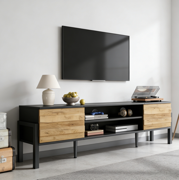 TV-Lowboard 175 x 39,5 x 53 cm mit 2 Schränken und offenen Fächern für Fernseher bis 70 Zoll