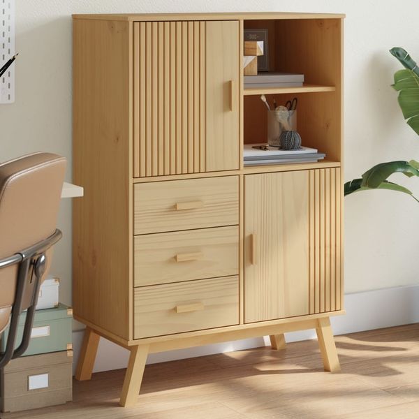 Highboard, BuffetSchrank, Büroschrank OLDEN Braun 85x43x125 cm Massivholz Kiefer