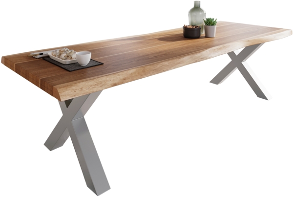 Esstisch Baumkante massiv Akazie Natur 260 x 100 X-Gestell silber ATLAS 140115986