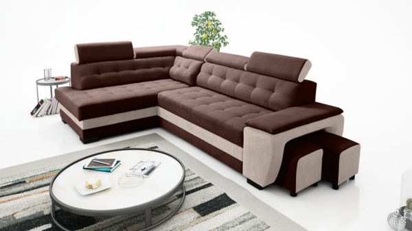 robin 'Grand' Ecksofa mit Schlaffunktion, Bettkasten & Kopfstützen, hochelastischer Schaum braun / creme, 277 x 180 x 86 cm