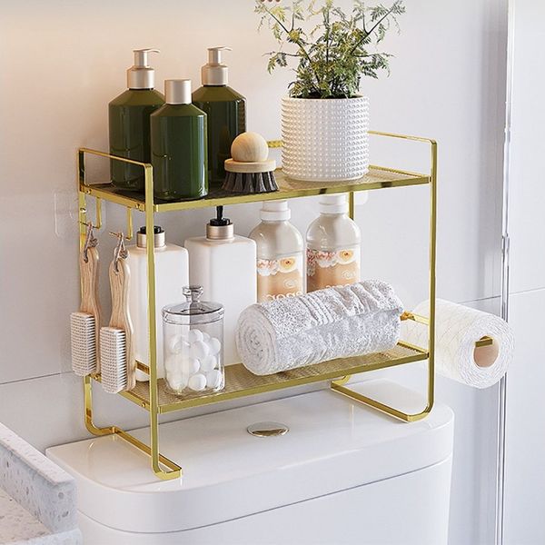 GarveeMore Badregal Neu Über der Toilette Lagerung Regal, 2-Tier Bad Lagerung Organizer, Mit Papierhalter und 2 Haken platzsparendes Metallregal zur Aufbewahru