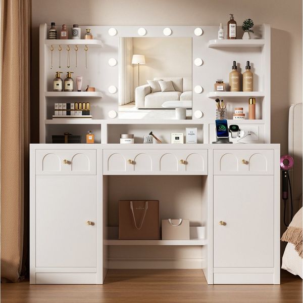 Lexzurn Schminktisch Schminktisch mit LED-Beleuchtung, großem hochauflösendem Spiegel (mit Steckdose und USB-Ports,10 offene Fächer,3 Schubladen, 2 Schränke,5 Schmuckhaken,10 LED-Leuchten, 3 Lichtfarben), Maße: 107 × 40 × 140 cm. Leise laufende Schiene...