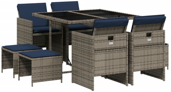 vidaXL 9-teiliges Garten-Ess-Set mit Kissen, grau, Polyrattan 3277728