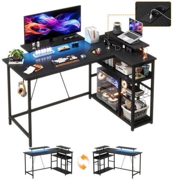 HOMALL Eckschreibtisch 100/120L Form mit Ablagefächern, 2 Tier DIY Lagerregalen Computertisch (140 x 50 x 75/B0 cm groBer Gaming- Tisch mit zwei Ablageflachen, einer abnehmbaren Trennwand zum Selberbauen und Kopfhorer-/Becherhaltern), Schreibtisch,PC T...