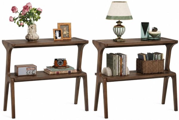 LITTLE TREE Konsolentisch Holz, 2er Set, Schmaler Sofatisch mit 2 Ablagen, 30 x 70 x 67 cm, Flurtisch für Flur, Wohnzimmer, Eingang, Dark Walnut