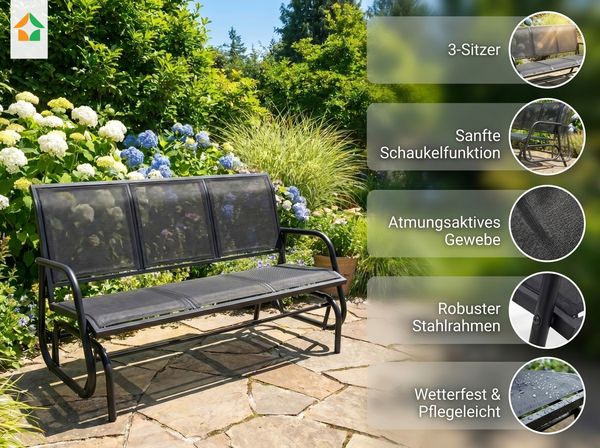 Schaukelbank Gartenbank 3-Sitzer, ca. 151 x 70 x 83 cm – Schwarz
