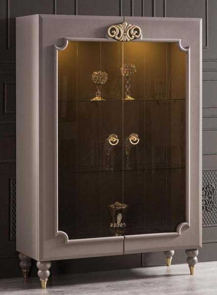 Casa Padrino Luxus Barock Vitrine Grau / Gold 116 x 45 x H. 170 cm - Beleuchteter Massivholz Vitrinenschrank mit 2 Glastüren - Edle Barock Möbel