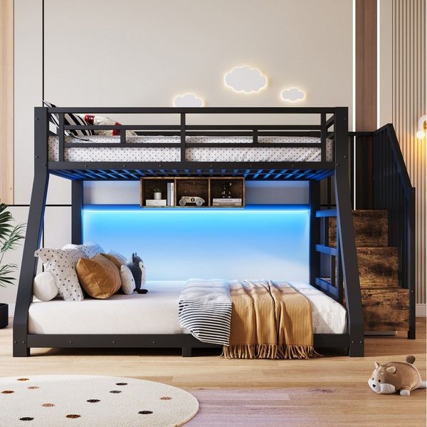 Odikalo Etagenbett 90x200 140x200 Kinderbett Jugendbett mit LED Stauraumtreppe (Mit LED-Lichtleisten, Drei Staufächer,Treppenkonstruktionen mit Stauraum, Geländer, Stufe, en747 zertifiziert, ohne Matratze, Metall)