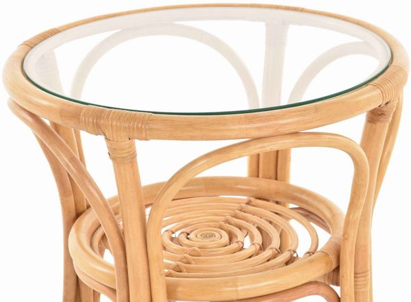 Krines Home Beistelltisch Rattantisch klein Ø 56 cm mit Glasplatte Beistelltisch Kaffeetisch, Wohnzimmertisch rund
