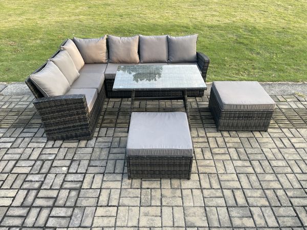 Fimous Hoher Rücken Rattan Gartenmöbel Set Polyrattan Ecksofa Esstisch Set mit 2 Großer Hockern 8 Sitzer Dunkelgrau gemischt