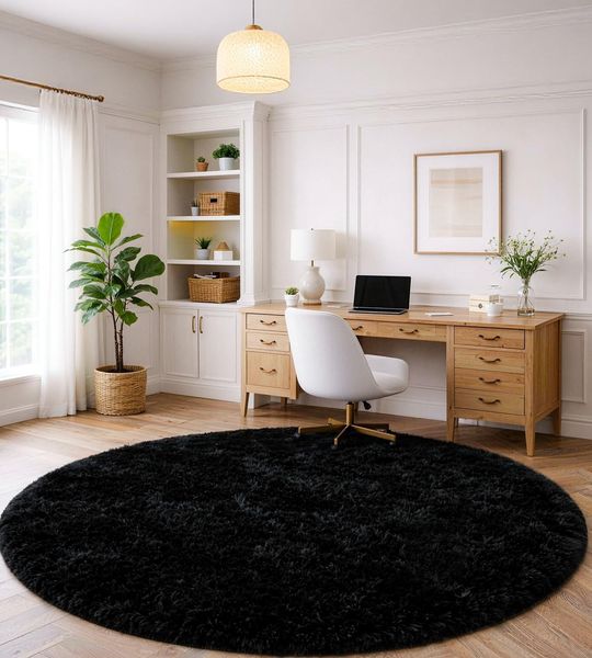 ROHATIM Teppich Schlafzimmer Rund 150 cm Schwarz Waschbar Rutschfester Runder Hochflorteppich Wohnzimmer Kinderzimmer Flauschig