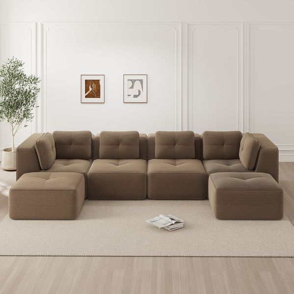 Ecksofa modular 69cm×386cm×177cm in Braun – Cordsofa mit Ottomane, rutschfesten Standfüßen und ohne Montage