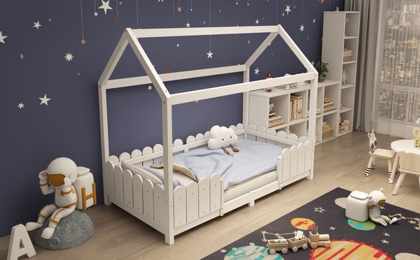 Kinderbett Hausbett 90x200 cm - Kiefernholz/MDF, mit Rausfallschutz und Lattenrost, Weiß