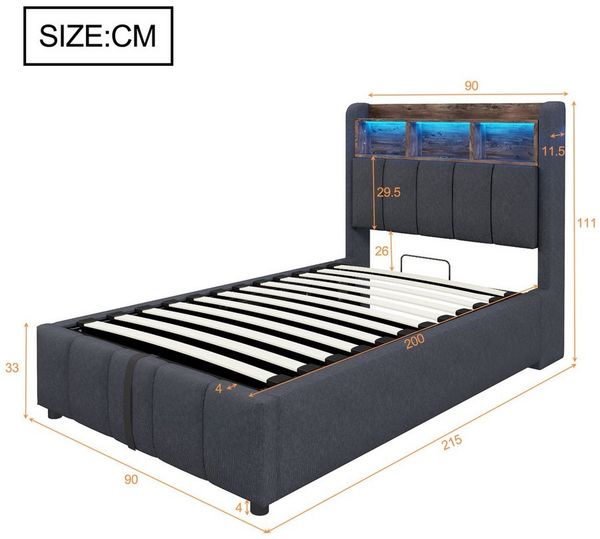 Ulife Polsterbett mit hydraulischem Stauraum, Jugendbett Gästebett (Ohne Matratze), mit LED-Beleuchtung und USB-Anschluss, 90x200cm