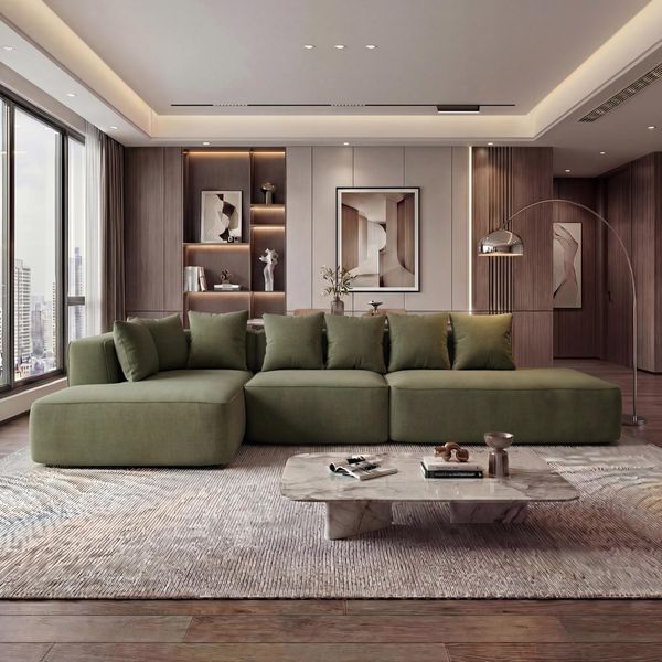 Sofa-Garnitur HWC-Q28, L-Sofa Couch Loungesofa, Stoff Chenille (270 g/m²) Liegefläche links 60x310x150cm ~ grün
