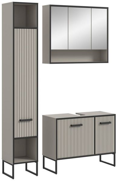 welltime Badmöbel-Set Locri, Breite 125 cm, Rillenoptik, Metallkufen, (3-St), best. aus: Hochschrank, Waschbeckenunterschrank, Spiegelschrank