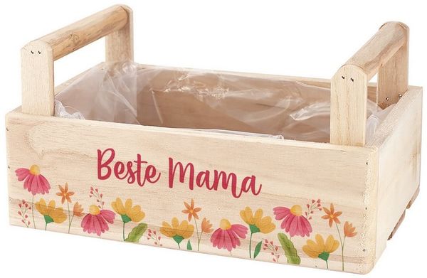 Herz & Heim Geschenkbox aus Holz - Geschenkkorb mit Blumen Motiv als Geschenkverpackung, mit Holzgriffen