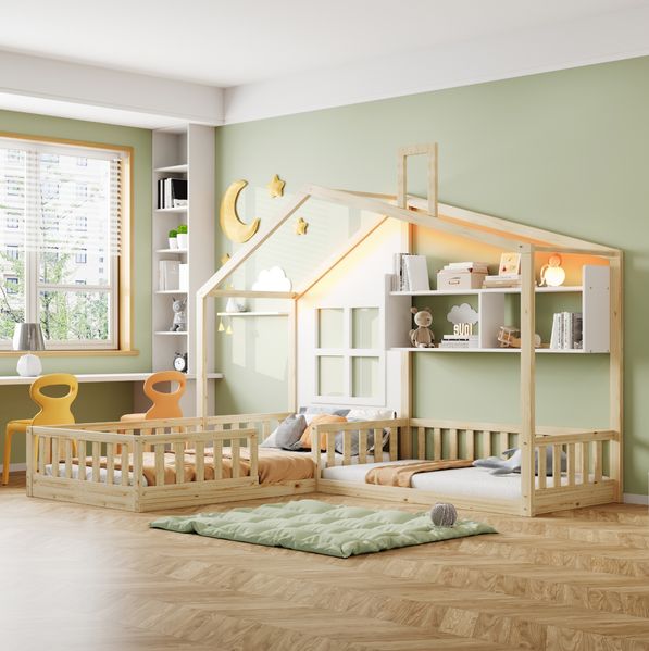 Kinderbett Massivholz mit Regalen & LED-Beleuchtung, 90x200 cm, Naturholz/Weiß, ohne Matratze
