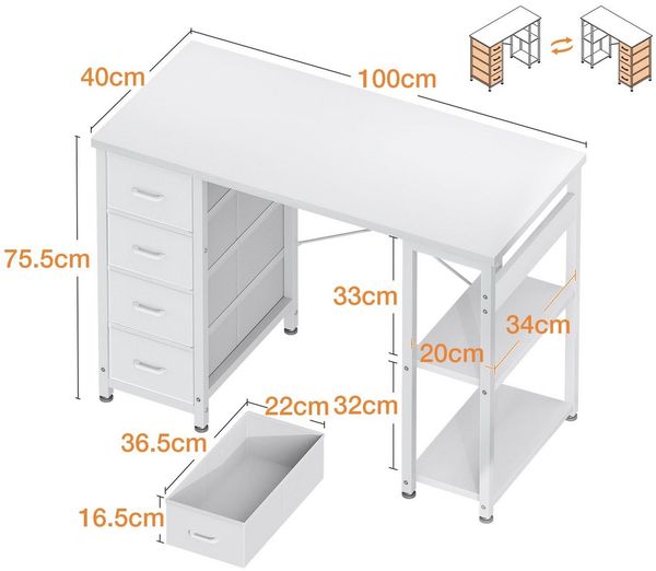 ODK Schreibtisch mit 4 Schubladen, 100cm Computertisch in Weiß (1-St), Kompakter PC Tisch für Büro, Arbeitszimmer und Schlafzimmer