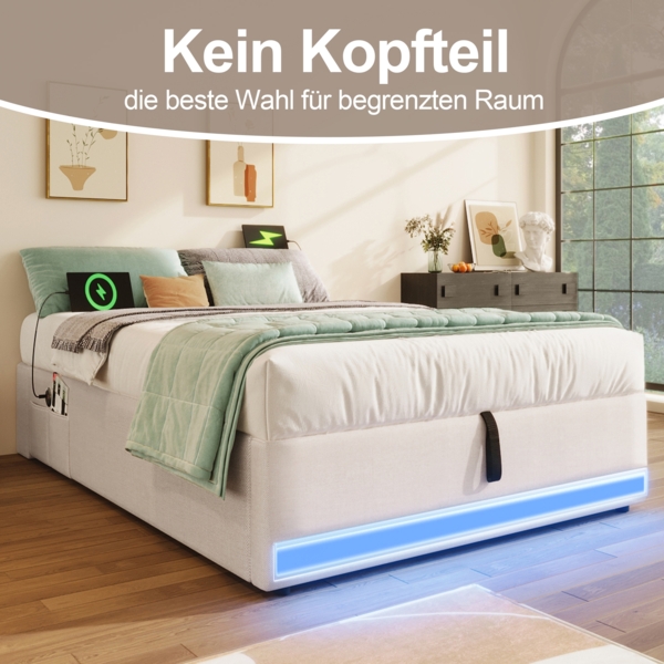 Merax Polsterbett, 90*200cm , Fernbedienbare LED-Leiste,Mit USB und Typ-C, Mit kleinen Aufbewahrungstaschen, Kein Kopfteil-Design, Hydraulische Speicherfunktion, Keine Matratze, Beige Bild 3