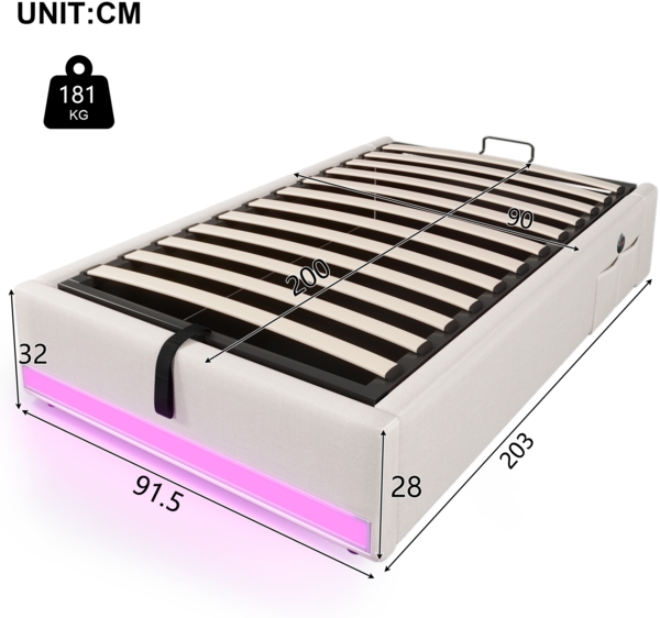 Merax Polsterbett, 90*200cm , Fernbedienbare LED-Leiste,Mit USB und Typ-C, Mit kleinen Aufbewahrungstaschen, Kein Kopfteil-Design, Hydraulische Speicherfunktion, Keine Matratze, Beige Bild 4