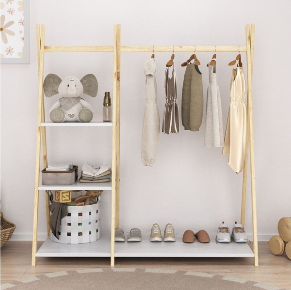 IDIMEX Kinderkleiderschrank LOTTE Kinderzimmer Garderobe mit 4 Ablageböden freistehend Holz natur/weiß