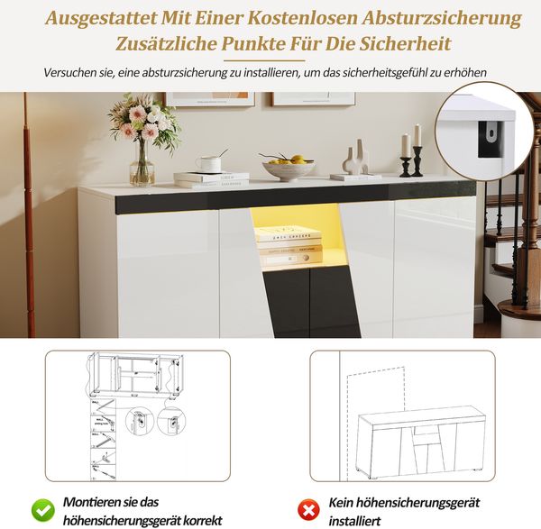 Sideboard 140 cm mit Hochglanz-Fronten, 4-türiger Wohnzimmerschrank mit LED-Lichtleiste, Stauraummöbel in Weiß und Schwarz Bild 6