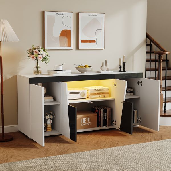 Sideboard 140 cm mit Hochglanz-Fronten, 4-türiger Wohnzimmerschrank mit LED-Lichtleiste, Stauraummöbel in Weiß und Schwarz