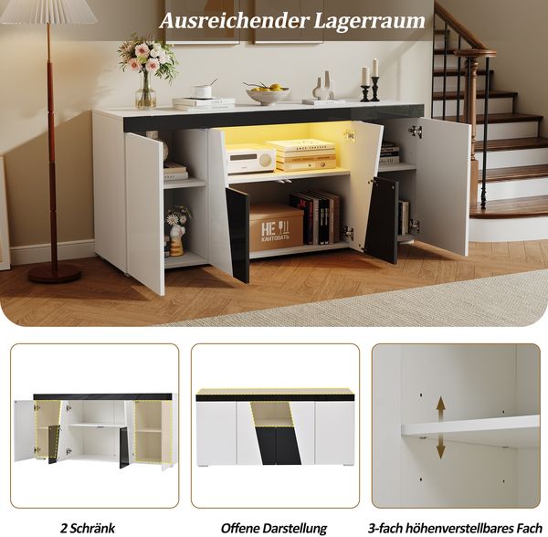 Sideboard 140 cm mit Hochglanz-Fronten, 4-türiger Wohnzimmerschrank mit LED-Lichtleiste, Stauraummöbel in Weiß und Schwarz Bild 4