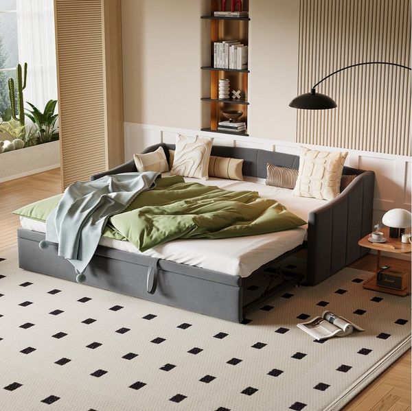 Simurq Daybett Schlafsofa 90/180x200 cm, Ausziehbett, Gästebett, Tagesbett, Mit Unterbett, Lattenrost, Samt, Platzsparend, Samt, Grau