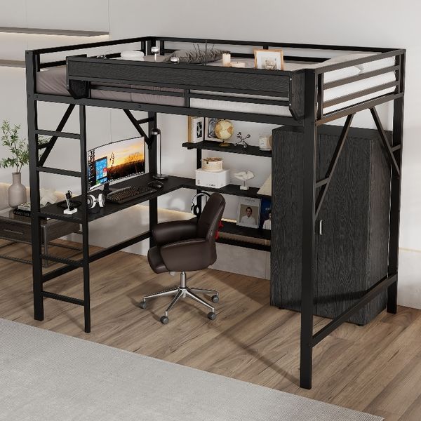 Novelux Hochbett 140x200 mit Schreibtisch und Kleiderschrank – Metall Loftbett mit Stauraum, Regal und Lattenrost, Schwarz, ohne Matratze