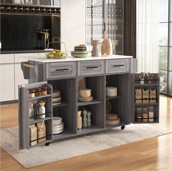 Flieks Küchenwagen mit erweiterbarer Arbeitsplatte, Rollen & Massivholzbeine austauschbar, (139x46(71)x91,5 cm, 1 St), Kücheninsel Buffetschrank Servierwagen mit verstellbare Ablagen