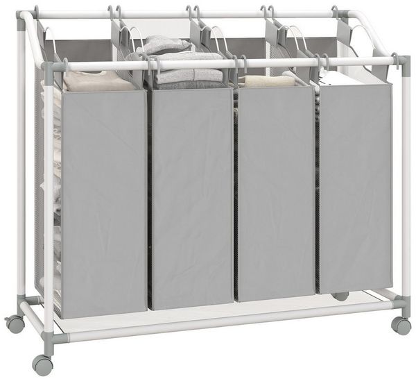 HOMCOM Wäschekorb mit 4 Fächer, Rädern, herausnehmbarer Wäschesack (Wäschesammler, 1 St, Wäschebox), für Waschküche, Schlafzimmer, Badezimmer, Grau