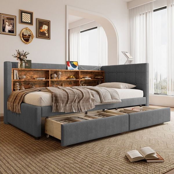 Merax Daybett Schlafsofa mit USB- & Typ-C-Anschlüssen (Leinen Sofabett Kinderbett Jugendbett Polsterbett, 1 tlg), Tagesbett 90x200cm mit 2 Schubladen, Ablageflächen und Retro-Kopfteil
