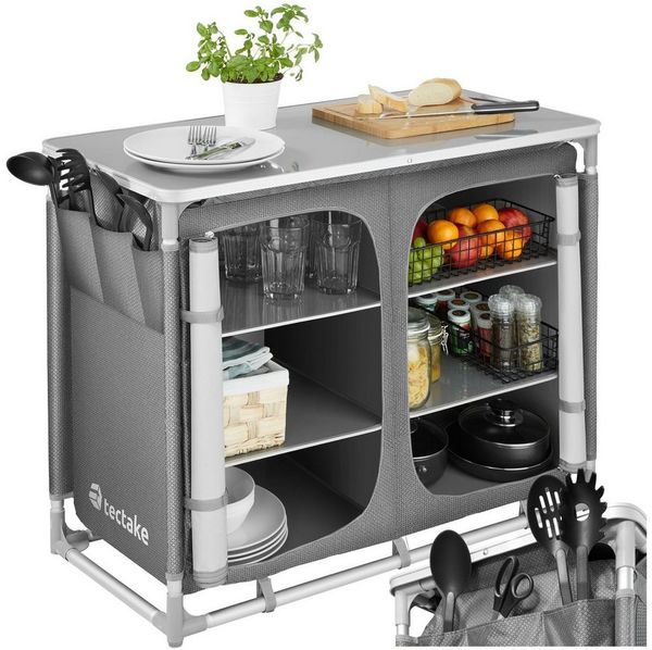 tectake Campingtisch Campingschrank Deluxe mit Aluminiumgestell und 6 Fächern (1-St, 1 tlg), Sehr kompakt zerlegbarer Campingschrank mit Aluminiumgestell