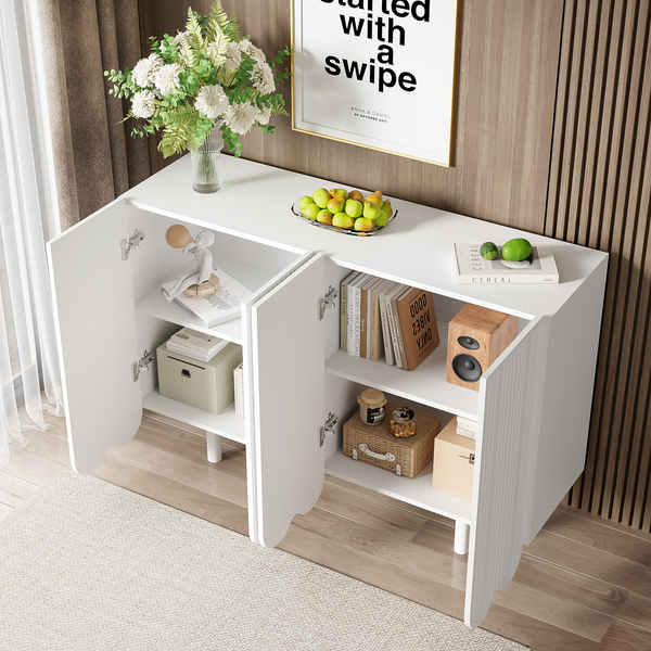 Sideboard 4-türig, weißes MDF mit geschnitzten Tropfenfronten, gedämpfte Scharniere, 120x 80.8x 37.5cm