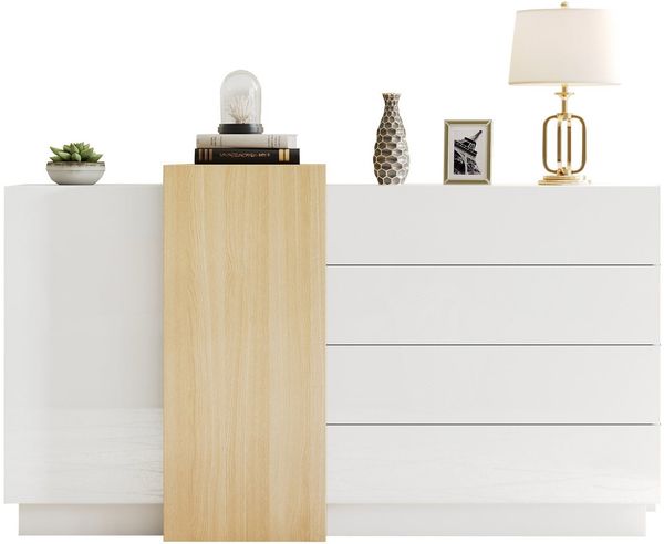 SeedWave Sideboard Modische Kommode griffloses Stauschrank mit 4 Schubladen, 4 Fächern, Mehrer Stauraum, Türen mit Rückprallstellsetzung