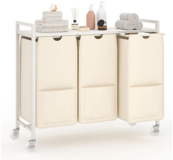 GarveeMore Wäschekorb 3 Fächer Wäschesammler mit Ablage, Wäschesack Abnehmbar, 84 x 30 x 77 cm