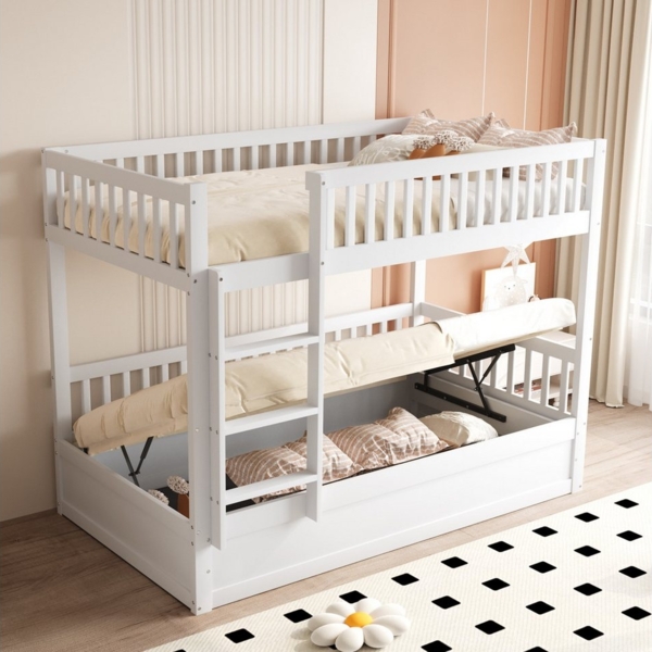 Merax Etagenbett (Kiefernholz Stockbett Stauraumbett, 205 x 95 x 150 cm, 1-St), Kinderbett 90x200cm mit hydraulischem Stauraum Leiter Rausfallschutz