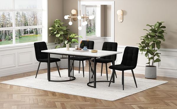 Esstischgruppe 140 x 80 x 75 cm mit MDF-Tischplatte im Marmor-Look & Metallgestell, weiß, mit 4 Samtstühlen