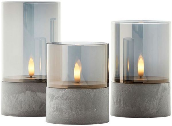 Brilliant Bougie LED-Kerzen 3er-Set - Grau/Rauchglast, warmweiß flackernd, 10 cm,12,5 cm,15 cm, batteriebetrieben, Dekoration für drinnen & draußen