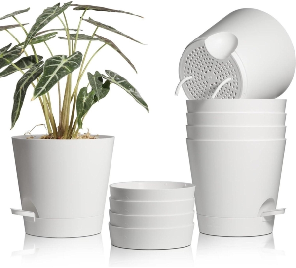 T4U Selbstbewässerung Blumentopf 6er-Set 20cm Weiß mit Untersetzer
