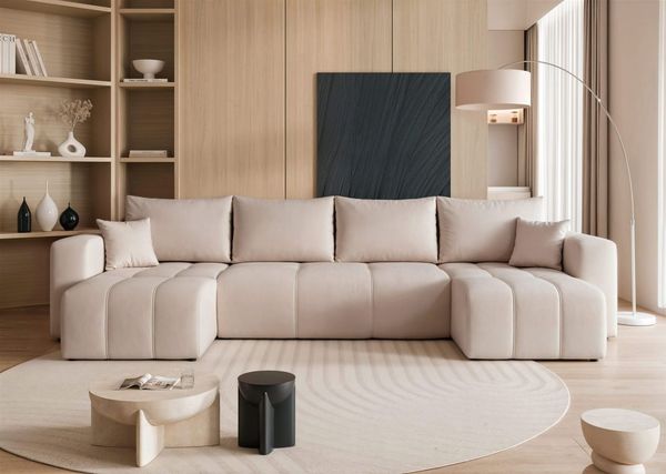 Wohnlandschaft mit Schlaffunktion Sofa LEROS in Stoff Manila Beige
