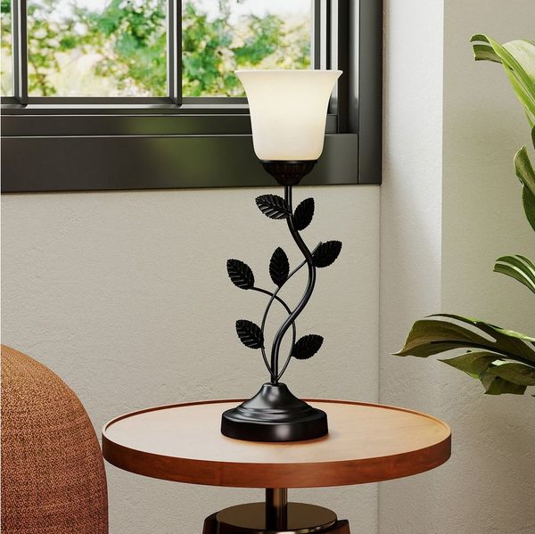 COSTWAY Nachttischlampe, 50cm, mit Tulpen-Glaslampenschirm & Metallblättern