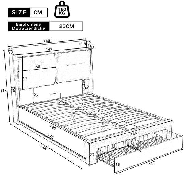 Polsterbett mit LED-Beleuchtung, 140 x 190 cm, hydraulische Verstellung, 2-in-1-Schubladen am Fußende, eingelassene LED-Lichtleisten an beiden Seiten, Lattenrost, Matratze nicht enthalten, Samt, grau Bild 10