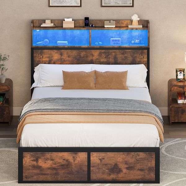 YITAHOME Bettgestell LED mit Kopfteil USB-Anschlüsse und Ladeausgänge Metallplattform-Bettgestell mit 2 Regalböden,Keine Matratze erforderlich,Braun 200X140CM