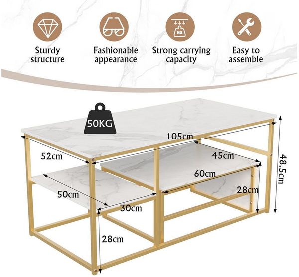 FUROKOY Couchtisch Beistelltisch Sofatisch wohnzimmertisch kaffeetisch 2er set (Quadratische,Set 2 in 1), Modern design Couchtisch mit goldenen beinen,Marmoroptik,Gold + Weiß